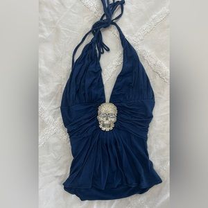 SKY BLUE RHINESTONE SKULL CROP TOP SZ SMALL